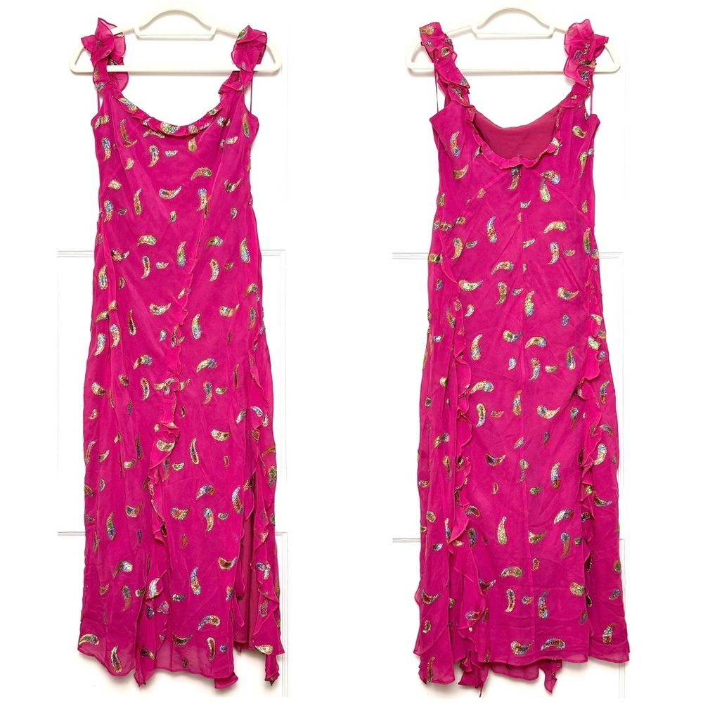 SALONI Silk Metallic Paisley Embroidery Scoop Neck Ruffle Wedding Guest Dress 10 - Picture 3 of 8